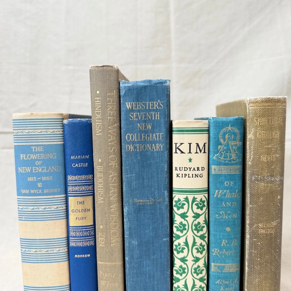 Vintage Blue and Neutral Decorative Book Bundle Set of 7 Hardcover Books Decor